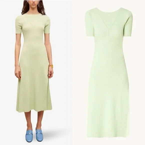 NWT Maje Ruche Tie Back Midi Dress 40 Vert L Ribbed Knit Stretch - Picture 3 of 15